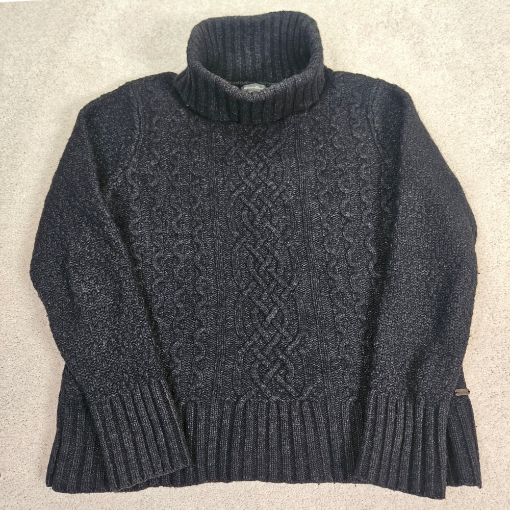 Eddie Bauer Women's Large Dark Gray Classic Chunky Cable Knit Turtleneck Sweater